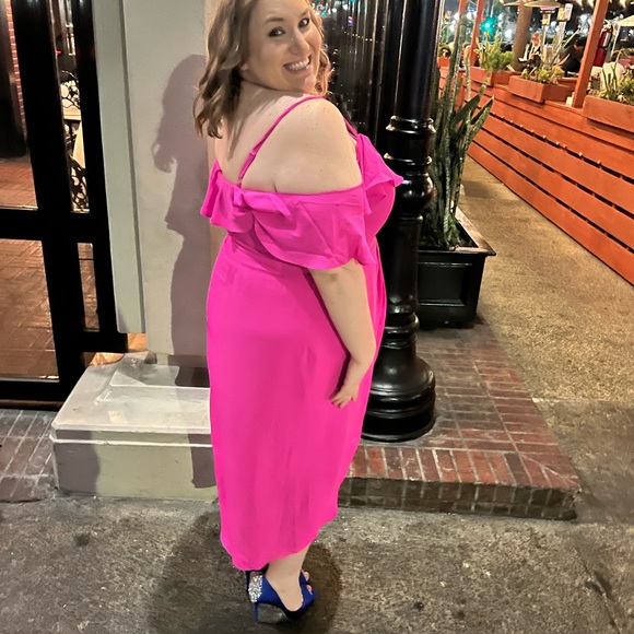 Bright Pink Off-Shoulder Cocktail Dress - City Chic - Picture 6 of 7